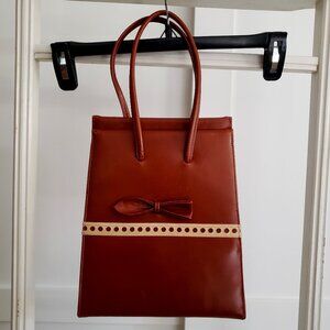 EUC petite stylish leather & vintage style handbag tan with bow - lined